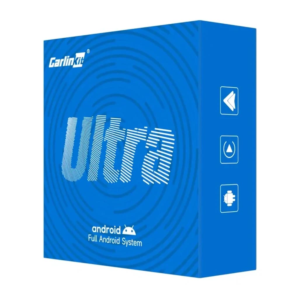 Boîte bleue Carlinkit Ultra avec logos Android, volume, étanchéité et connectivité; texte Ultra en grand, mention Full Android System, design concentrique