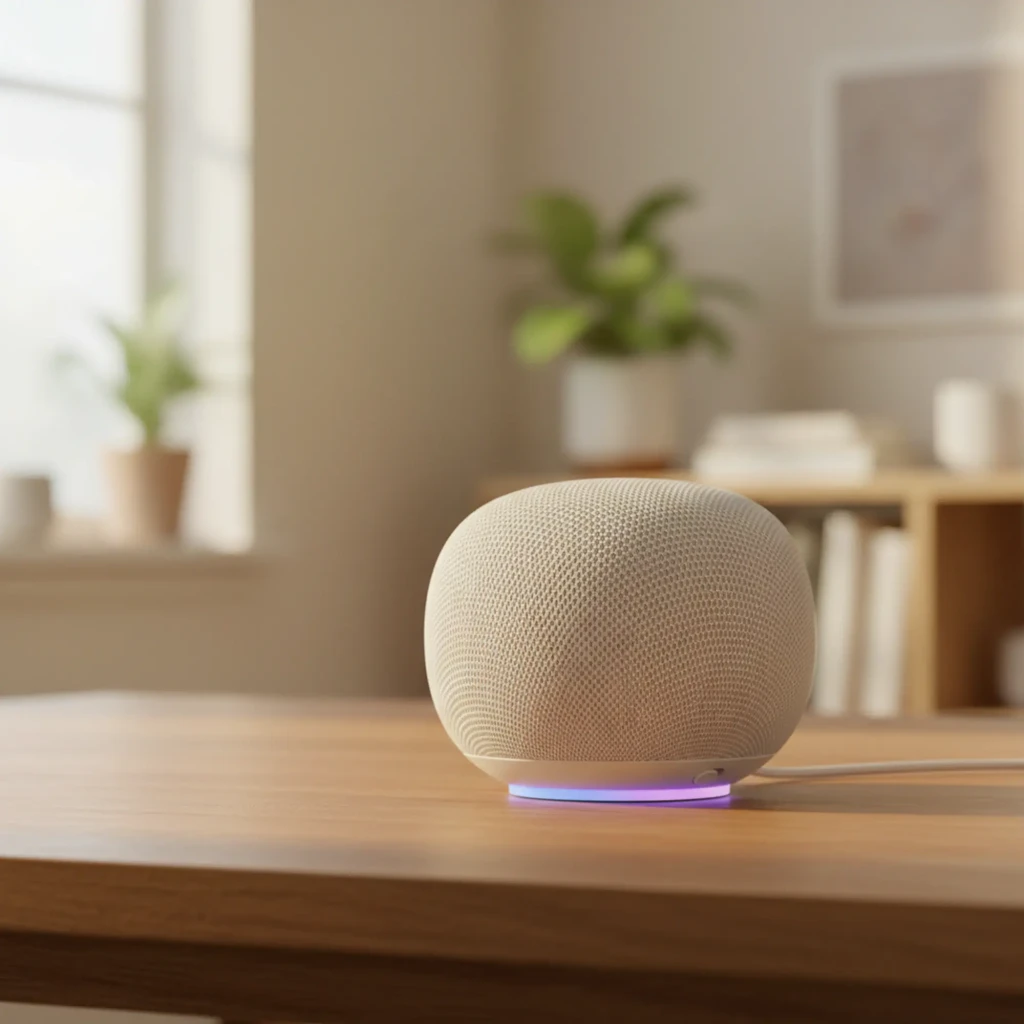 Altavoz Inteligente Google Home Assistant - Blanco, compacto con malla textil beige, base con luz LED multicolor y botón lateral, cable blanco integrado - Ítem1