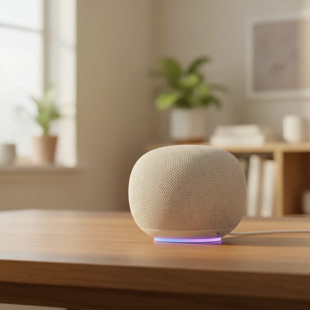 Enceinte connectée blanche compacte en tissu maillé, forme sphérique, base lumineuse LED violette et bleue, posée sur table en intérieur moderne