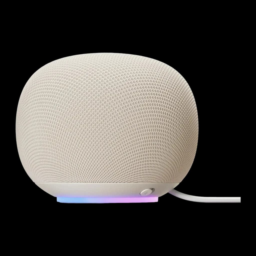 Enceinte connectée Google Home blanc en tissu maillé, forme ovale compacte, base lumineuse LED multicolore, bouton latéral et câble d’alimentation