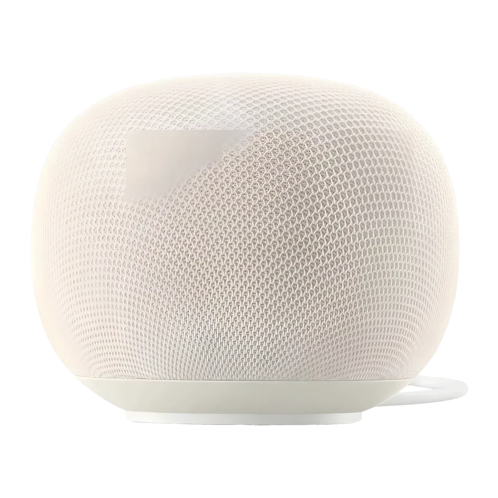 Altavoz Inteligente Google Home Assistant - Blanco, compacto con malla textil beige, base con luz LED multicolor y botón lateral, cable blanco integrado - Ítem3