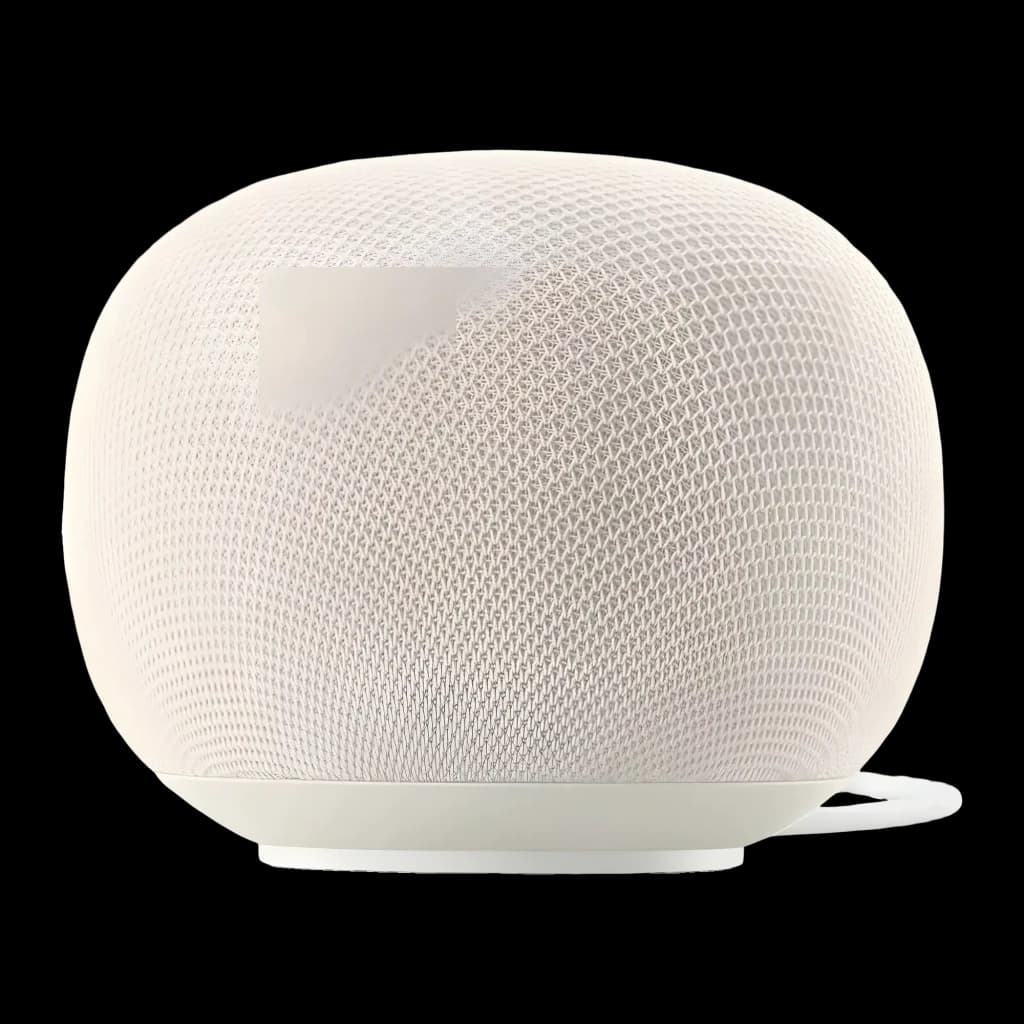 Enceinte connectée blanche compacte en forme de dôme, maillage textile fin, base discrète et câble arrière, design minimaliste pour intérieur moderne