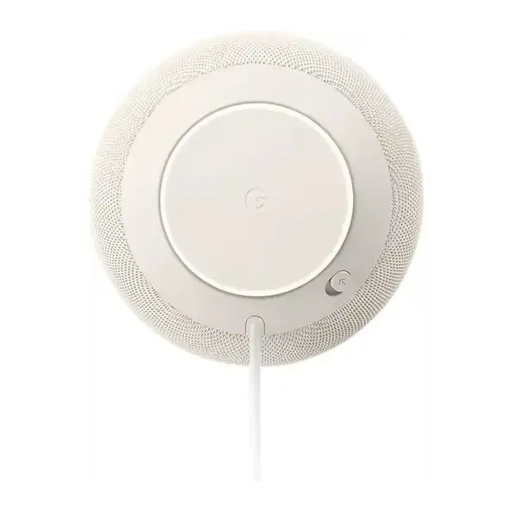 Altavoz Inteligente Google Home Assistant - Blanco, compacto con malla textil beige, base con luz LED multicolor y botón lateral, cable blanco integrado - Ítem5
