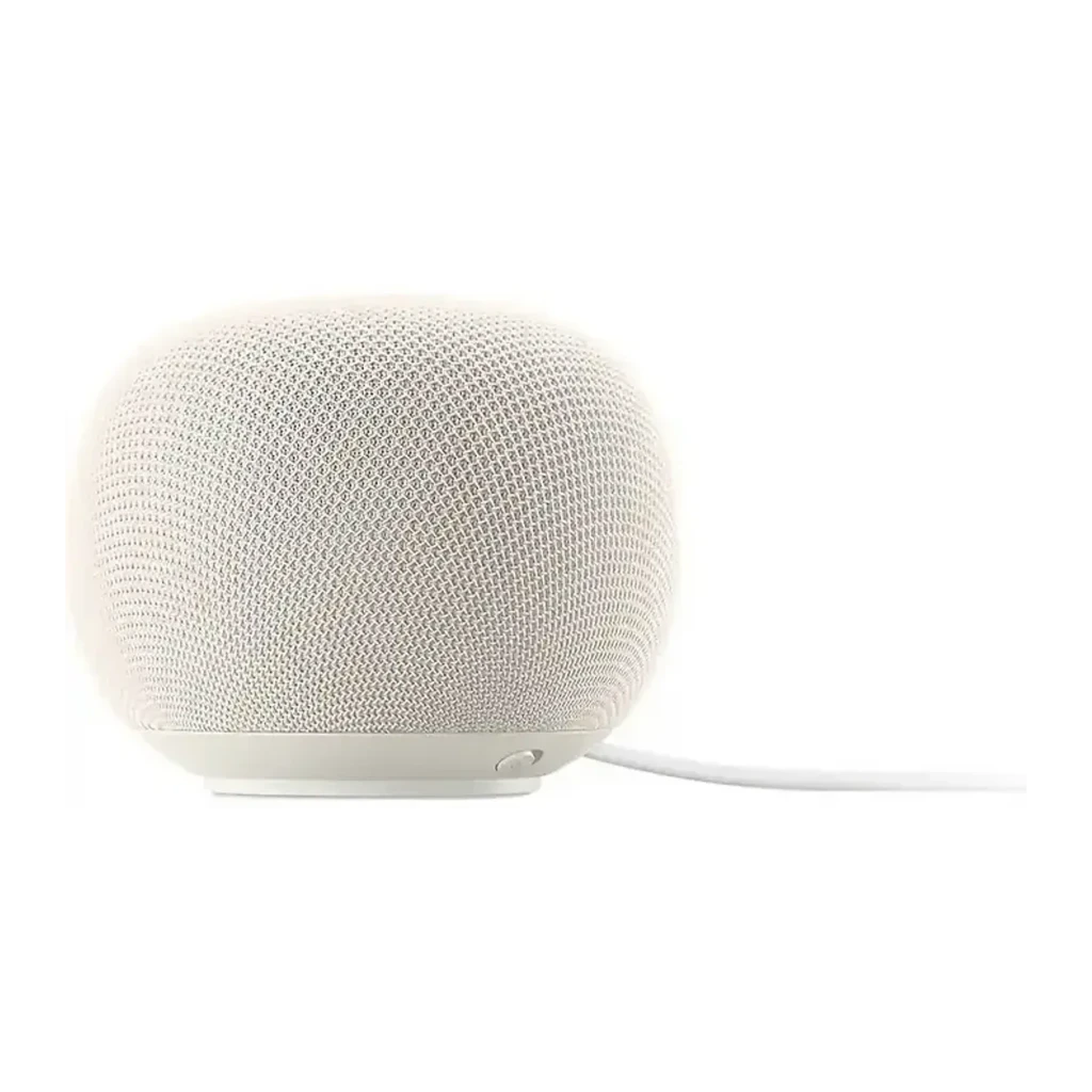 Altavoz Inteligente Google Home Assistant - Blanco, compacto con malla textil beige, base con luz LED multicolor y botón lateral, cable blanco integrado - Ítem4