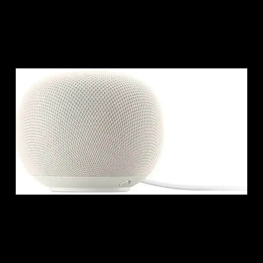 Enceinte connectée Google Home avec Google Assistant, coloris blanc, design compact en tissu maillé, base lisse, bouton latéral et câble d’alimentation