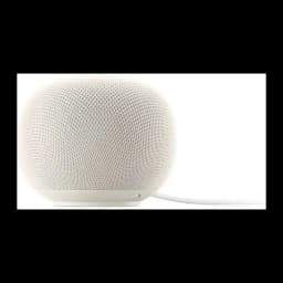 Enceinte connectée Google Home avec Google Assistant, coloris blanc, design compact en tissu maillé, base lisse, bouton latéral et câble d’alimentation