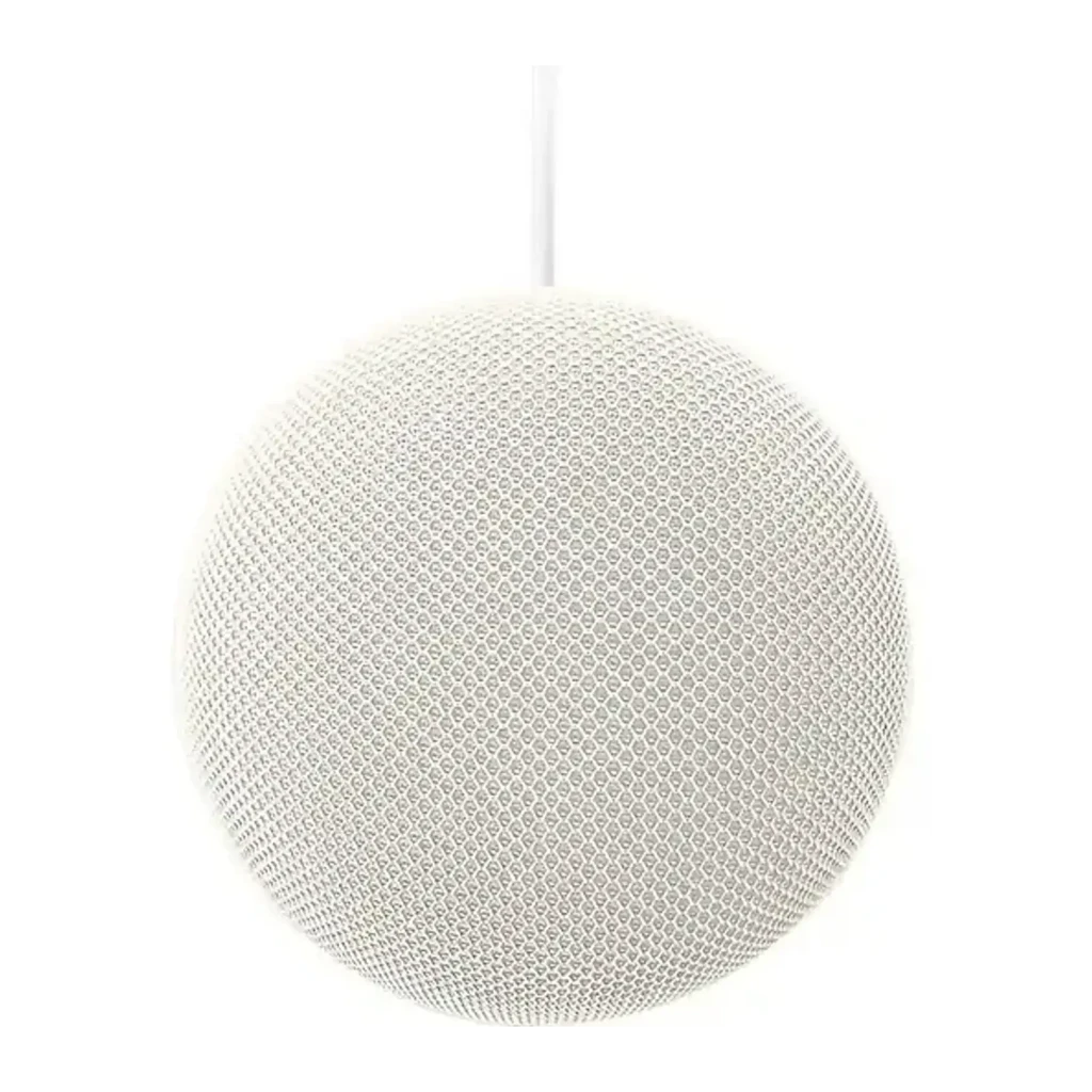 Altavoz Inteligente Google Home Assistant - Blanco, compacto con malla textil beige, base con luz LED multicolor y botón lateral, cable blanco integrado - Ítem2