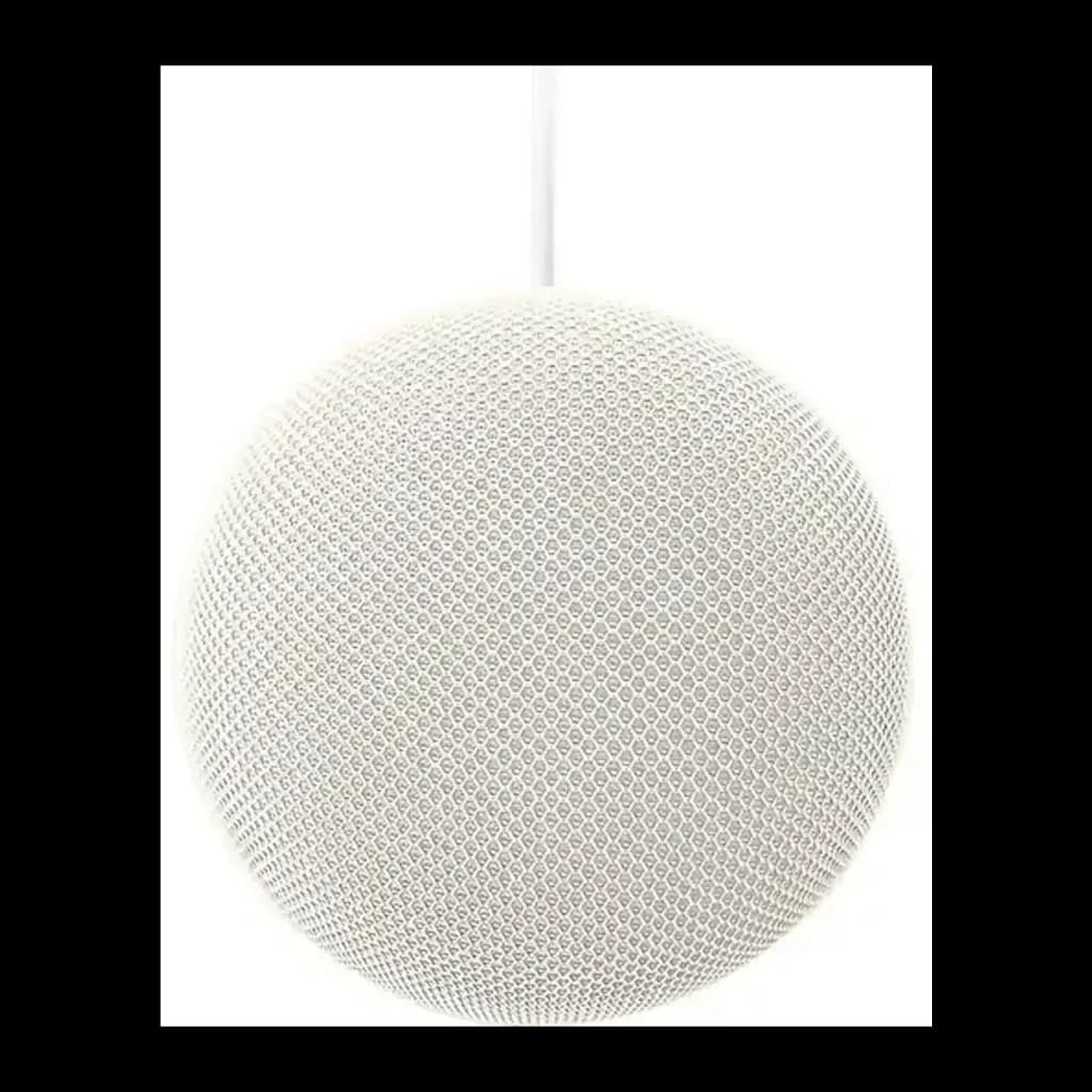 Enceinte connectée Google Home blanche, compacte et arrondie, maille textile fine, surface en grille hexagonale, câble discret sortant du dessus