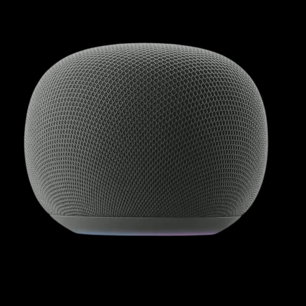 Enceinte connectée Google Home avec Google Assistant－Gris, forme sphérique compacte, maille tissu fine, base plate discrète, anneau lumineux multicolore