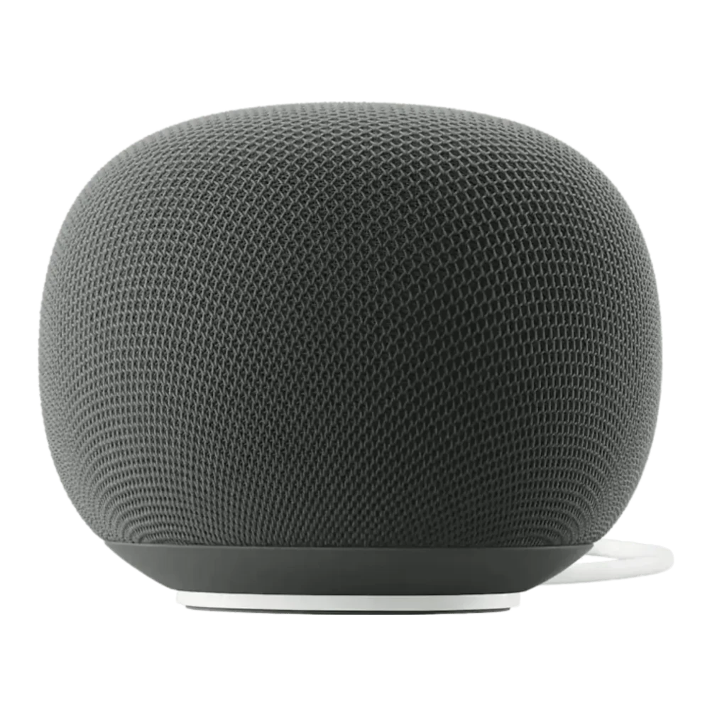 Altavoz Inteligente Google Home Assistant - Gris, diseño esférico compacto con malla textil gris oscuro, base antideslizante y sutil luz LED inferior - Ítem1