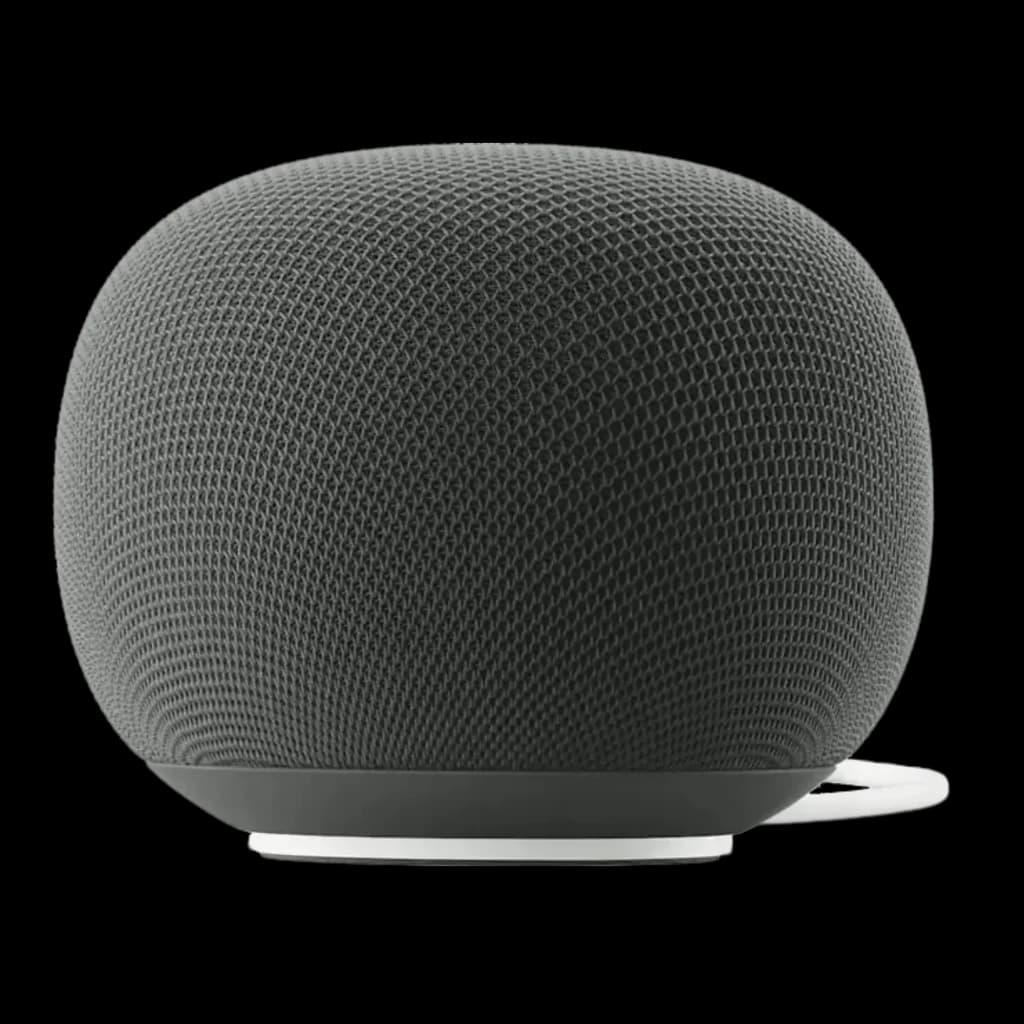 Enceinte connectée Google Home avec Google Assistant－Gris, compacte et ronde, maille textile sombre, base blanche discrète, câble arrière visible