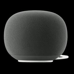 Enceinte connectée Google Home avec Google Assistant-Gris, compacte et ronde, maille textile sombre, base blanche discrète, câble arrière visible