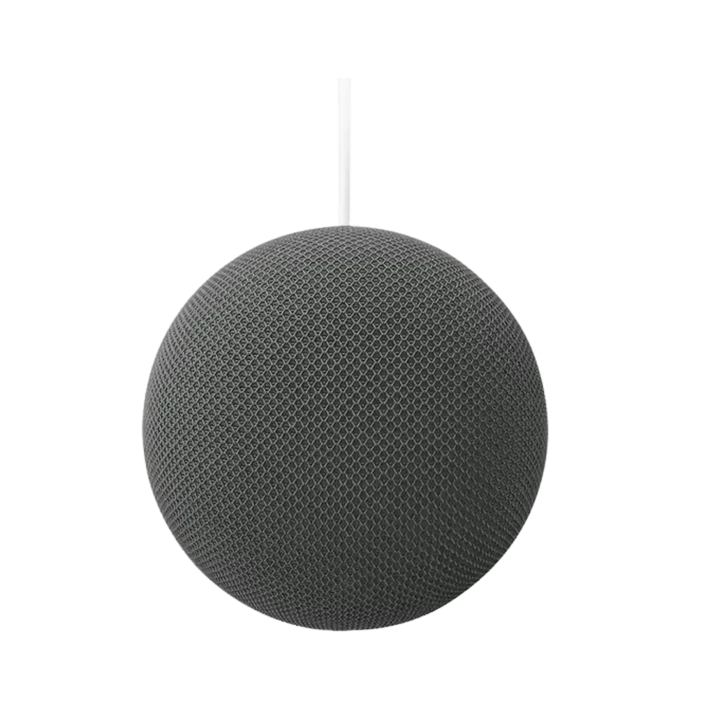 Altavoz Inteligente Google Home Assistant - Gris, diseño esférico compacto con malla textil gris oscuro, base antideslizante y sutil luz LED inferior - Ítem3