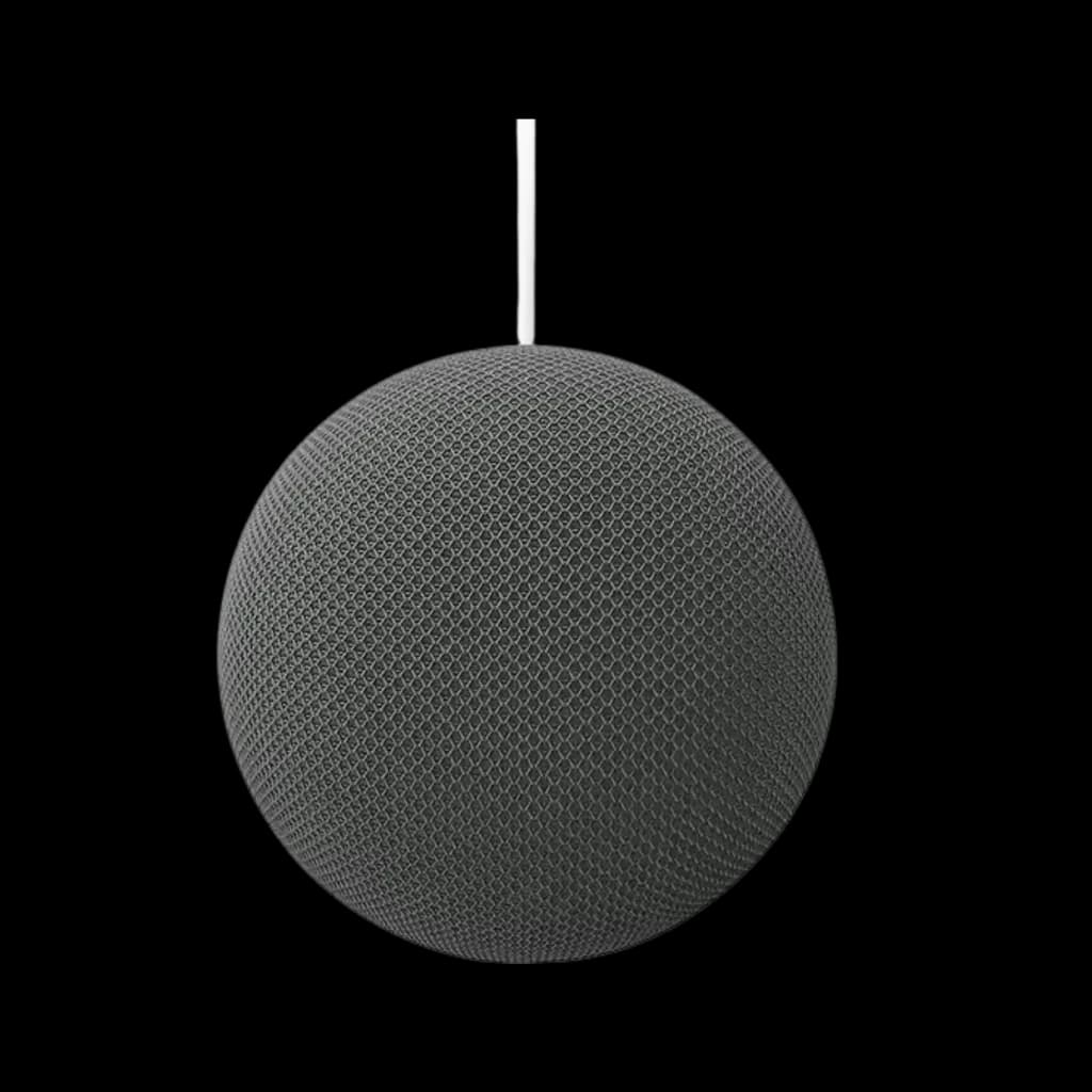 Enceinte connectée Google Home avec Google Assistant－Gris, forme sphérique, maille acoustique fine, finition gris foncé, câble blanc sortant du sommet