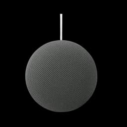 Enceinte connectée Google Home avec Google Assistant-Gris, forme sphérique, maille acoustique fine, finition gris foncé, câble blanc sortant du sommet