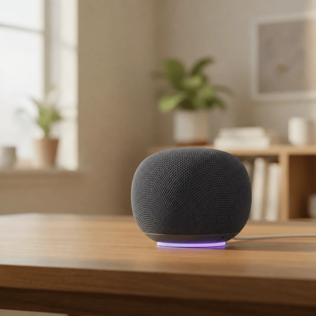 Altavoz Inteligente Google Home Assistant - Gris, diseño esférico compacto con malla textil gris oscuro, base antideslizante y sutil luz LED inferior - Ítem4