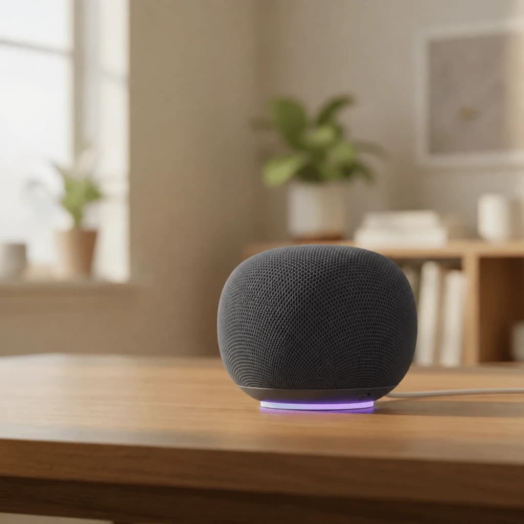 Enceinte connectée Google Home avec Google Assistant－Gris, compacte et arrondie, maille tissée, anneau lumineux violet à la base, design moderne sur table