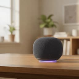 Enceinte connectée Google Home avec Google Assistant-Gris, compacte et arrondie, maille tissée, anneau lumineux violet à la base, design moderne sur table