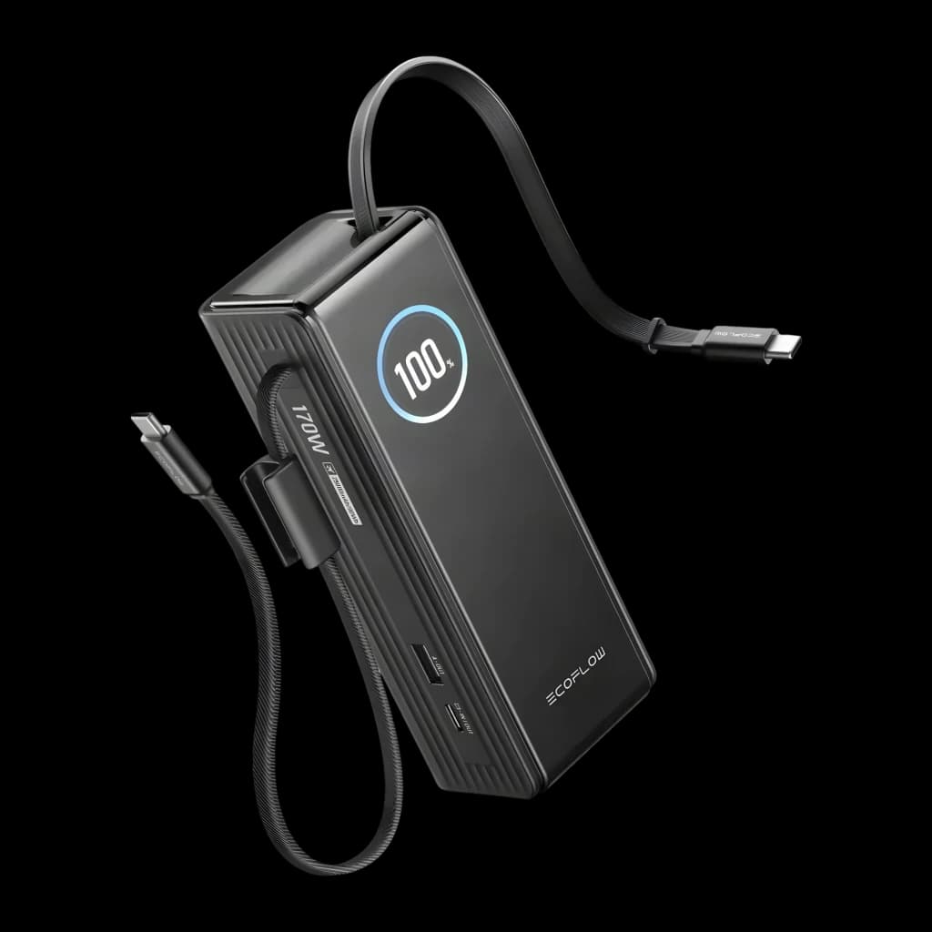 Power Bank EcoFlow RAPID 25000mAh Noir 170W 2x USB-C + 1x USB-A 25000, vue en perspective: écran LED à 100%, câbles USB-C