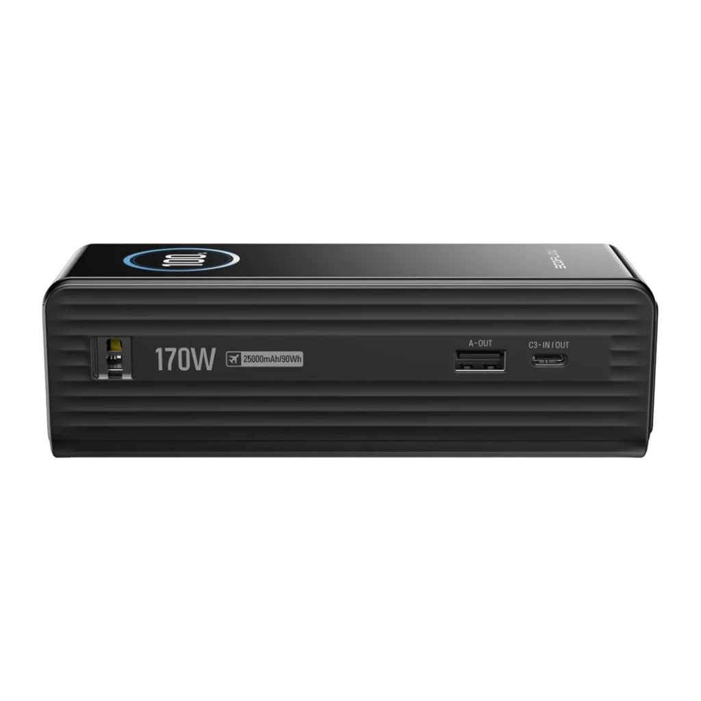 Power Bank EcoFlow RAPID 25000mAh Noir 170W 2x USB-C + 1x USB-A 25000, vue de face: ports USB-A et USB-C, sérigraphie 170W