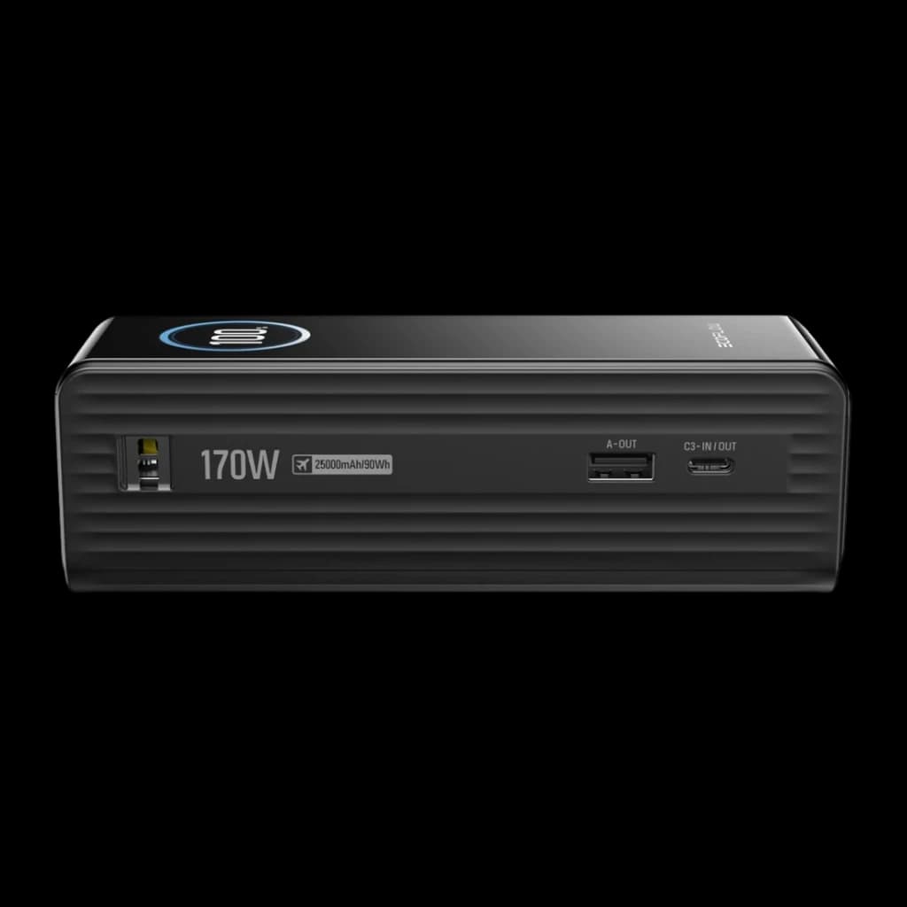 Power Bank EcoFlow RAPID 25000mAh Noir 170W 2x USB-C + 1x USB-A 25000, vue de face: ports USB-A et USB-C, sérigraphie 170W