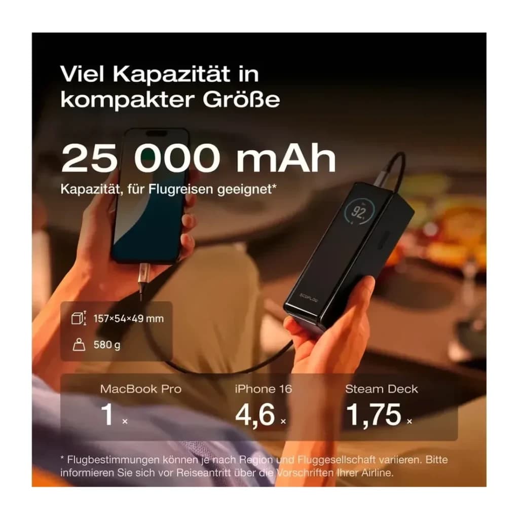 Power Bank EcoFlow RAPID 25000mAh Noir 170W 2x USB-C + 1x USB-A 25000, infographie: mains tenant l'appareil chargeant