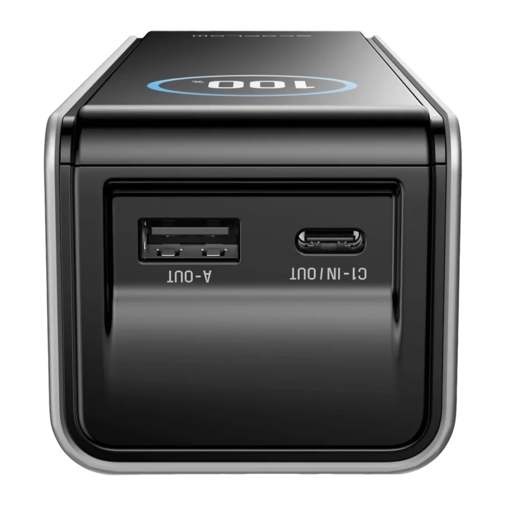 Power Bank EcoFlow RAPID 25000mAh Noir 170W 2x USB-C + 1x USB-A 25000, vue avant: ports USB-A et USB-C visibles avec écran