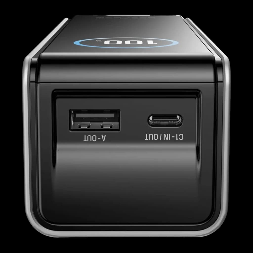 Power Bank EcoFlow RAPID 25000mAh Noir 170W 2x USB-C + 1x USB-A 25000, vue avant: ports USB-A et USB-C visibles avec écran