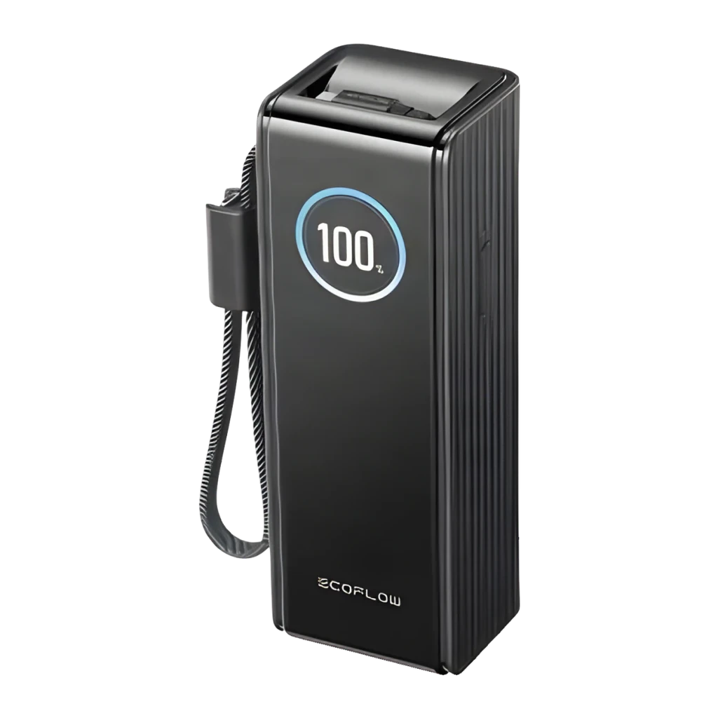 Power Bank EcoFlow RAPID 25000mAh Noir 170W 2x USB-C + 1x USB-A 25000, vue latérale: écran circulaire affichant 100%
