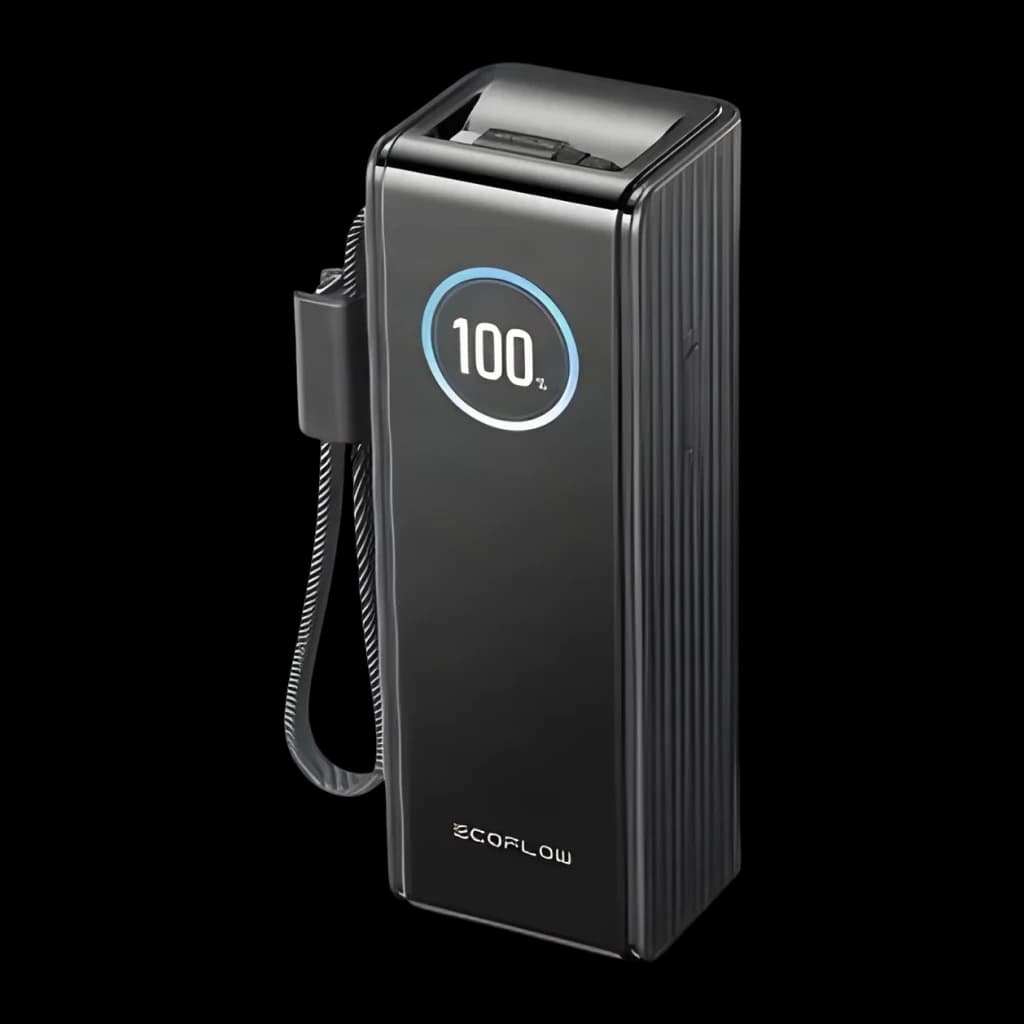 Power Bank EcoFlow RAPID 25000mAh Noir 170W 2x USB-C + 1x USB-A 25000, vue latérale: écran circulaire affichant 100%
