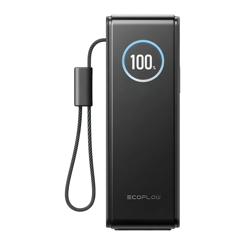 Power Bank EcoFlow RAPID 25000mAh Noir 170W 2x USB-C + 1x USB-A 25000, vue avant: écran circulaire affichant 100% et cordon