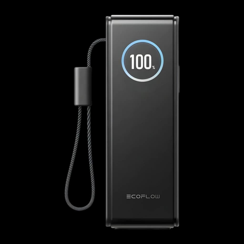 Power Bank EcoFlow RAPID 25000mAh Noir 170W 2x USB-C + 1x USB-A 25000, vue avant: écran circulaire affichant 100% et cordon