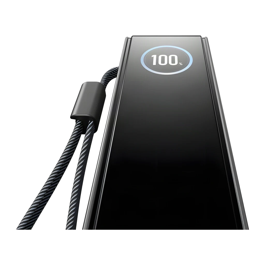 Power Bank EcoFlow RAPID 25000mAh Noir 170W 2x USB-C + 1x USB-A 25000, détail avant: écran circulaire affichant 100%