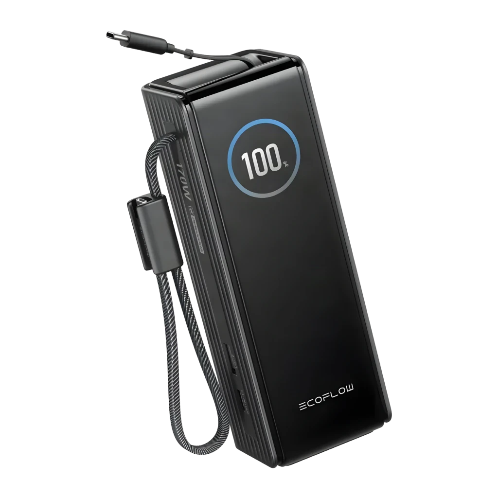 Power Bank EcoFlow RAPID 25000mAh Noir 170W 2x USB-C + 1x USB-A 25000, vue en angle: écran circulaire à 100% et câbles
