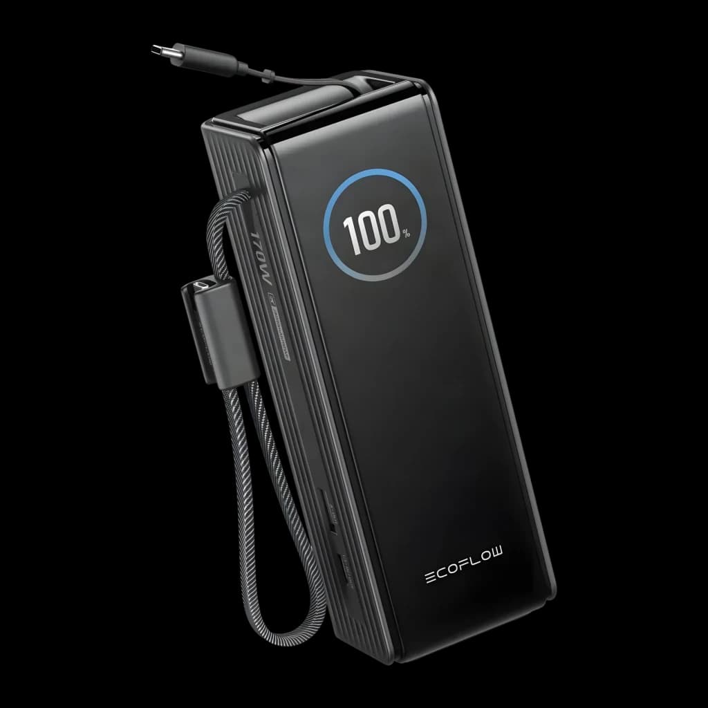 Power Bank EcoFlow RAPID 25000mAh Noir 170W 2x USB-C + 1x USB-A 25000, vue en angle: écran circulaire à 100% et câbles