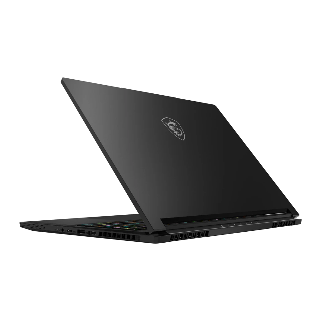 MSI Stealth A16 AI+ 1TB preto, vista frontal: ecrã com logótipo dragão dourado, teclado RGB iluminado e altifalantes Dynaudio - Item3