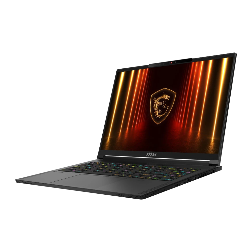MSI Stealth A16 AI+ 1TB preto, vista frontal: ecrã com logótipo dragão dourado, teclado RGB iluminado e altifalantes Dynaudio - Item1