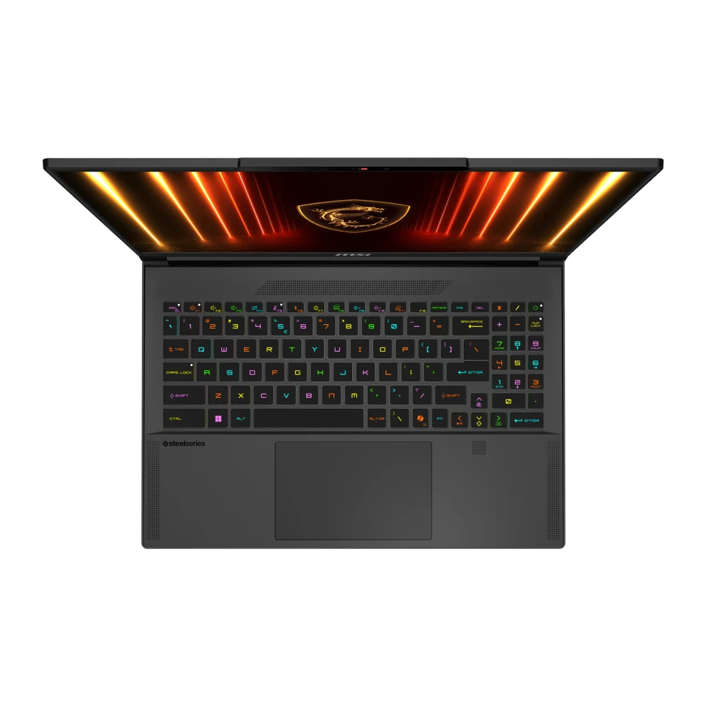 MSI Stealth A16 AI+ 1TB preto, vista frontal: ecrã com logótipo dragão dourado, teclado RGB iluminado e altifalantes Dynaudio - Item4