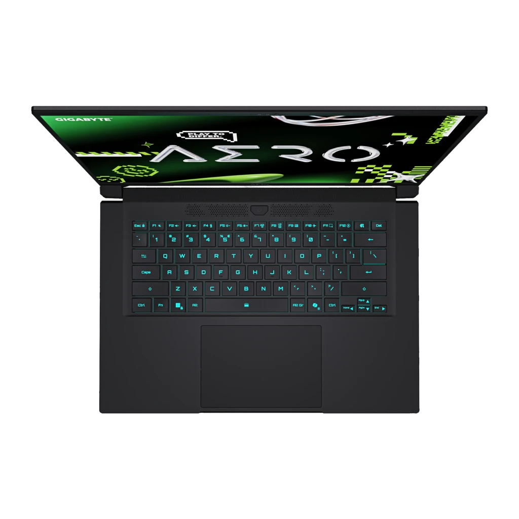 GIGABYTE AERO X16 2TB gris espacial, vista frontal: pantalla QHD 165Hz con logo AERO, teclado RGB y especificaciones RTX AMD - Ítem4