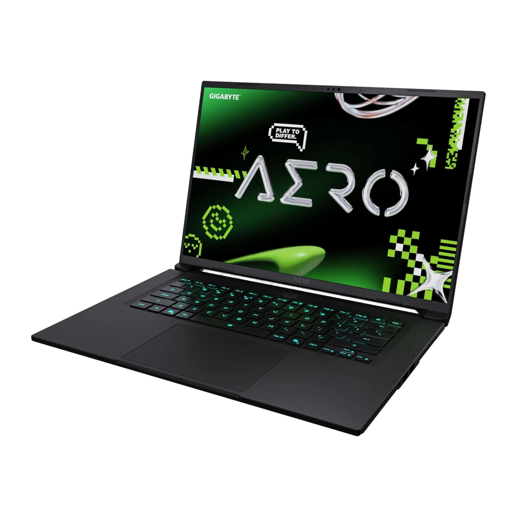 GIGABYTE AERO X16 2TB gris espacial, vista frontal: pantalla QHD 165Hz con logo AERO, teclado RGB y especificaciones RTX AMD - Ítem1