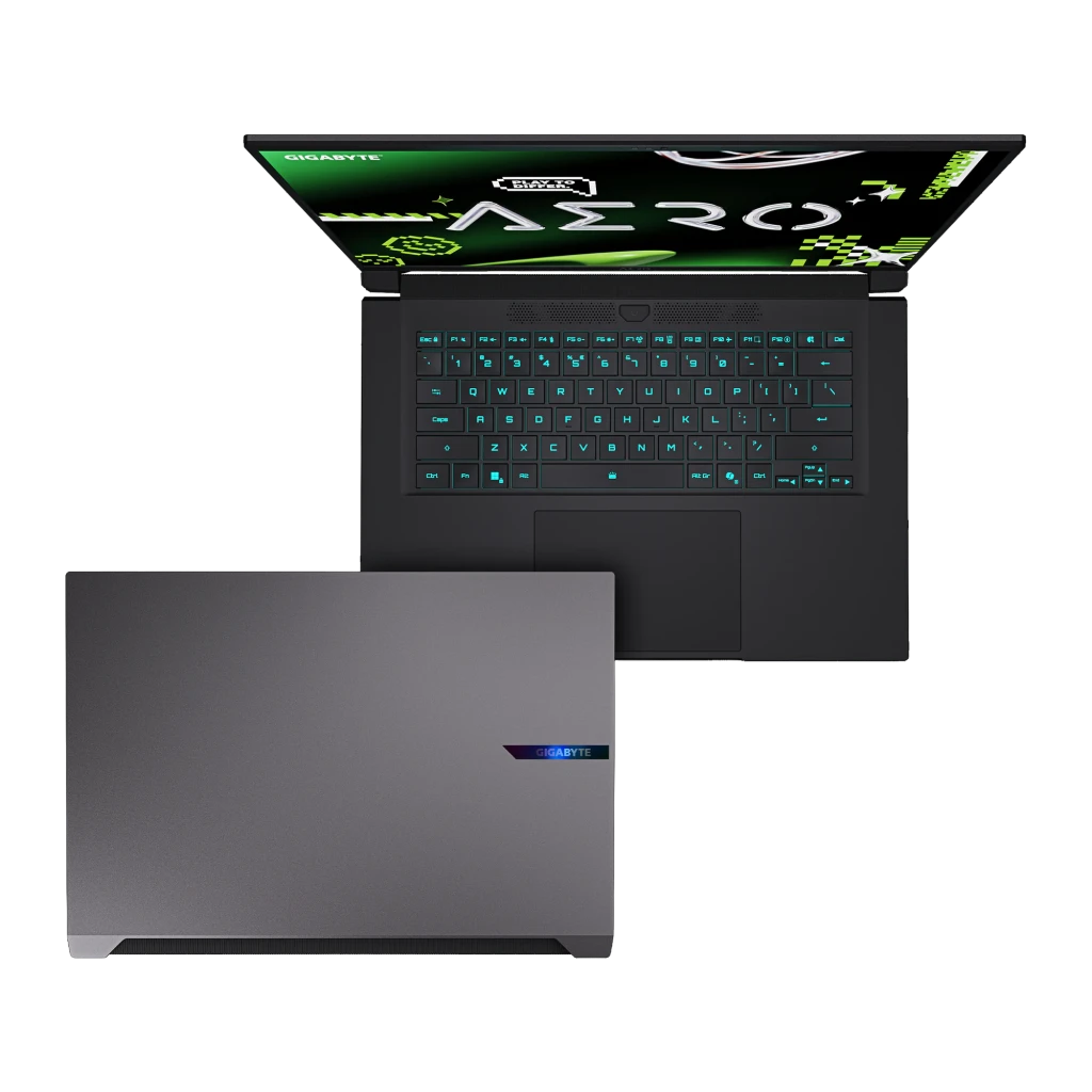 GIGABYTE AERO X16 2TB gris espacial, vista frontal: pantalla QHD 165Hz con logo AERO, teclado RGB y especificaciones RTX AMD - Ítem5