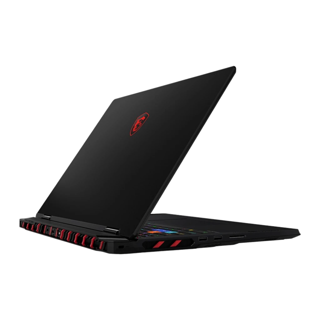 MSI Raider 18 HX AI 2TB preto, vista frontal: ecrã com logótipo dragão dourado e teclado RGB iluminado - Item2