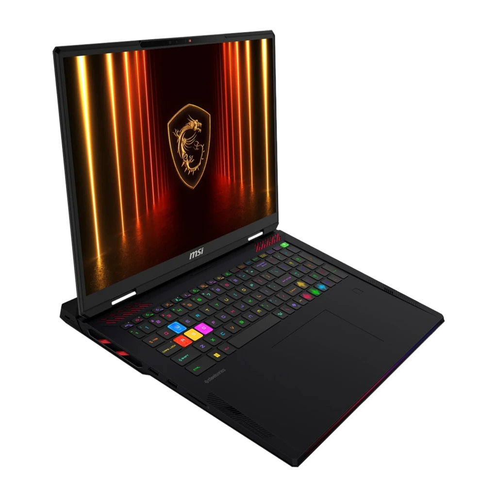 MSI Raider 18 HX AI 2TB preto, vista frontal: ecrã com logótipo dragão dourado e teclado RGB iluminado - Item3