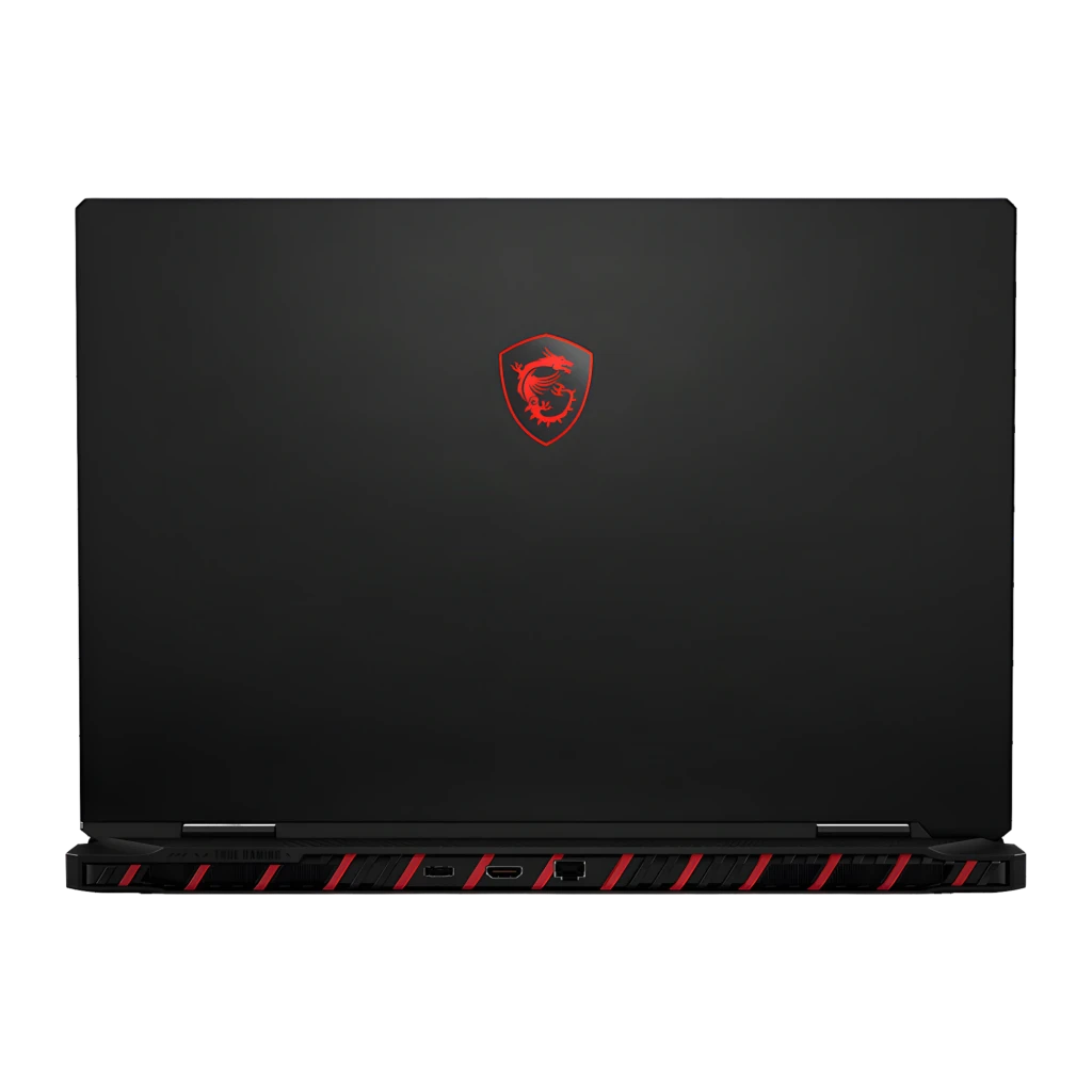 MSI Raider 18 HX AI 2TB preto, vista frontal: ecrã com logótipo dragão dourado e teclado RGB iluminado - Item4
