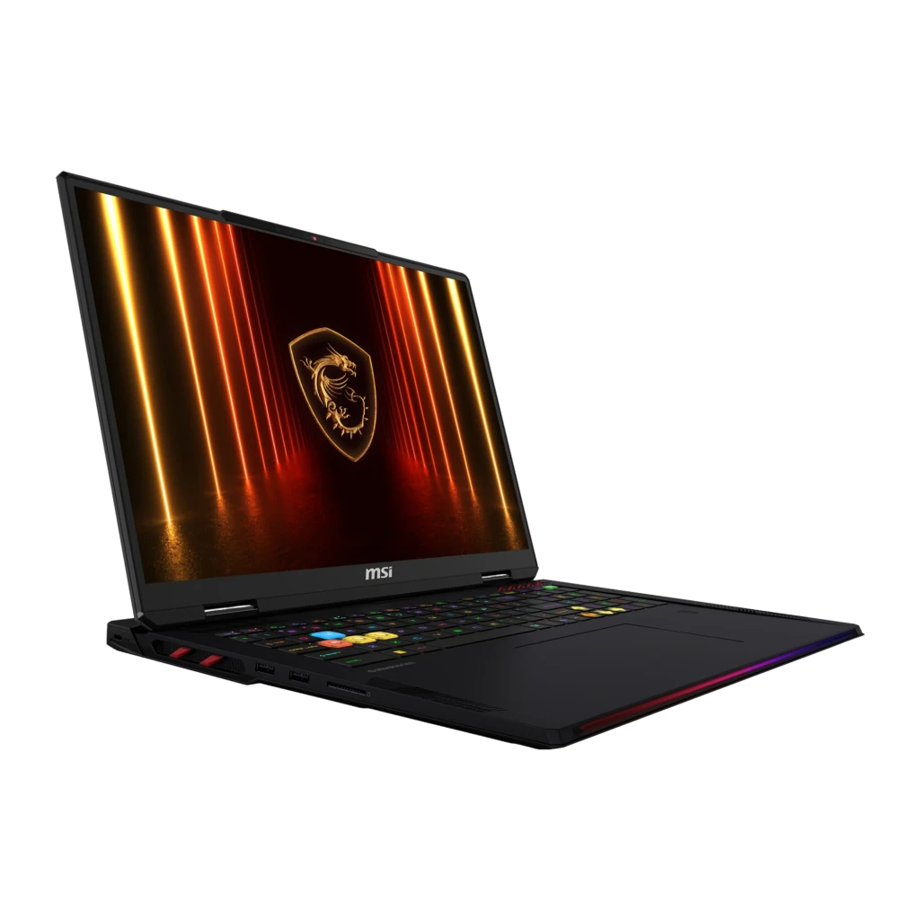 MSI Raider 18 HX AI 2TB preto, vista frontal: ecrã com logótipo dragão dourado e teclado RGB iluminado - Item1