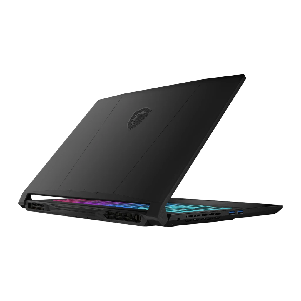MSI Katana 15 1TB preto, vista frontal em ângulo: ecrã com logo dragão aceso e teclado RGB multicolor - Item1