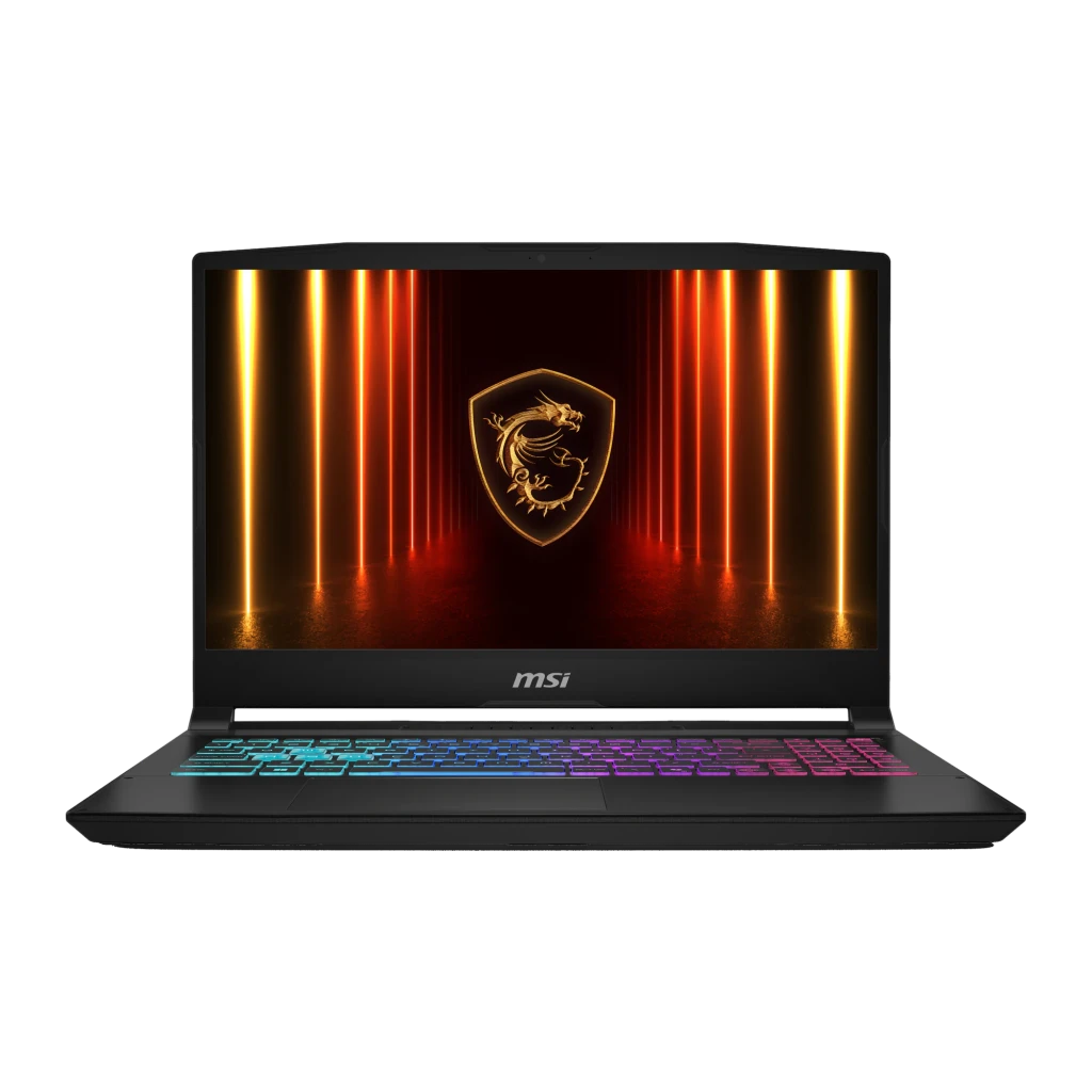 MSI Katana 15 1TB preto, vista frontal em ângulo: ecrã com logo dragão aceso e teclado RGB multicolor - Item2
