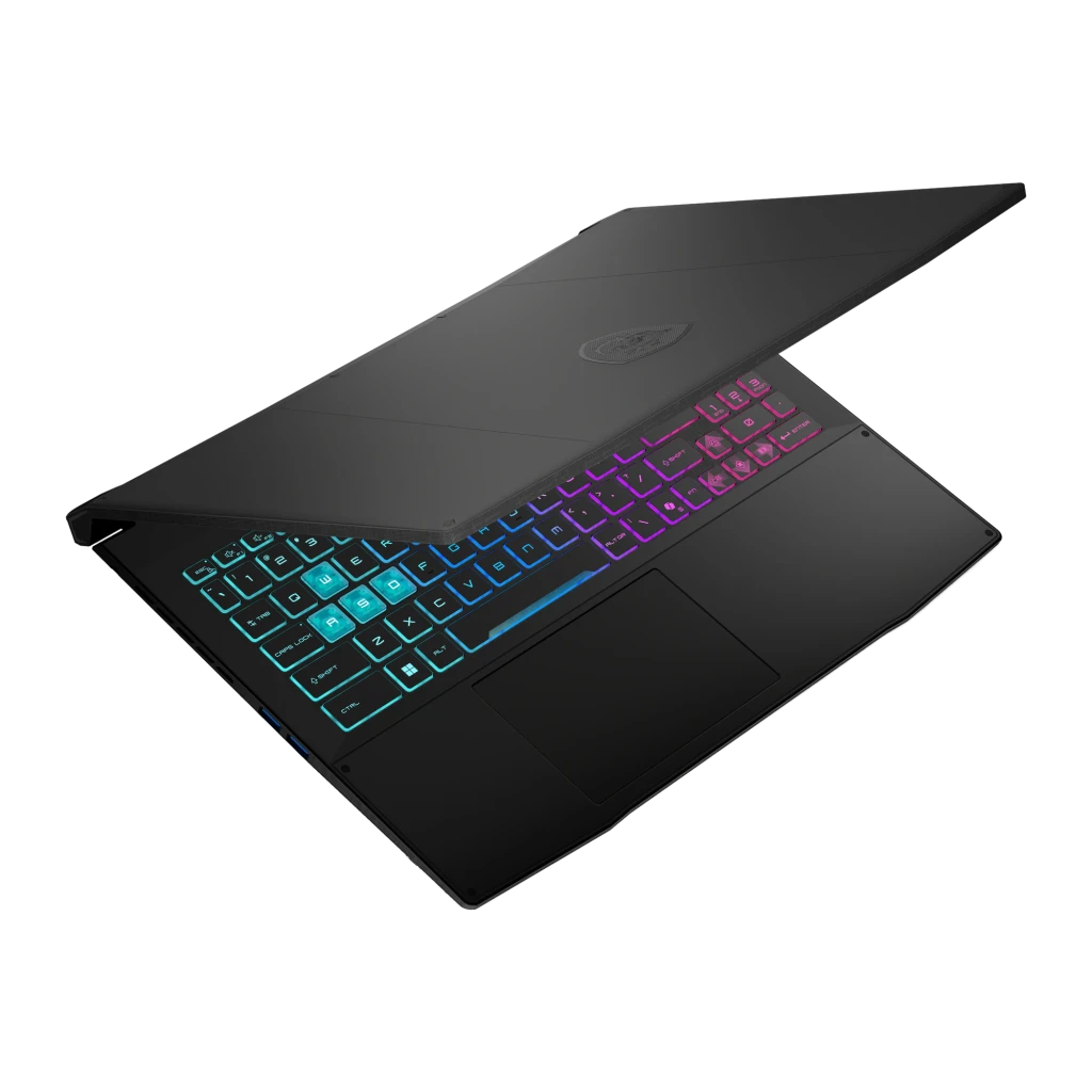 MSI Katana 15 1TB preto, vista frontal em ângulo: ecrã com logo dragão aceso e teclado RGB multicolor - Item4