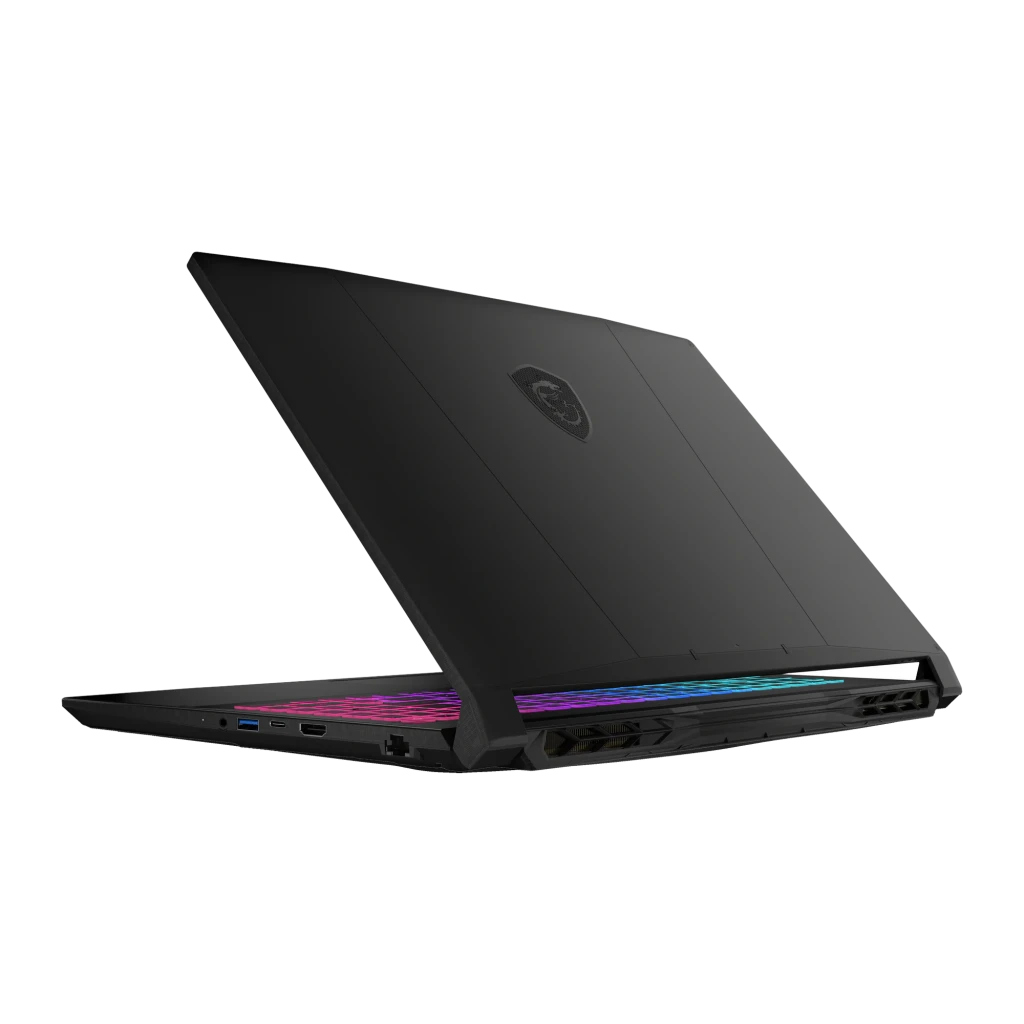 MSI Katana 15 1TB preto, vista frontal em ângulo: ecrã com logo dragão aceso e teclado RGB multicolor - Item5