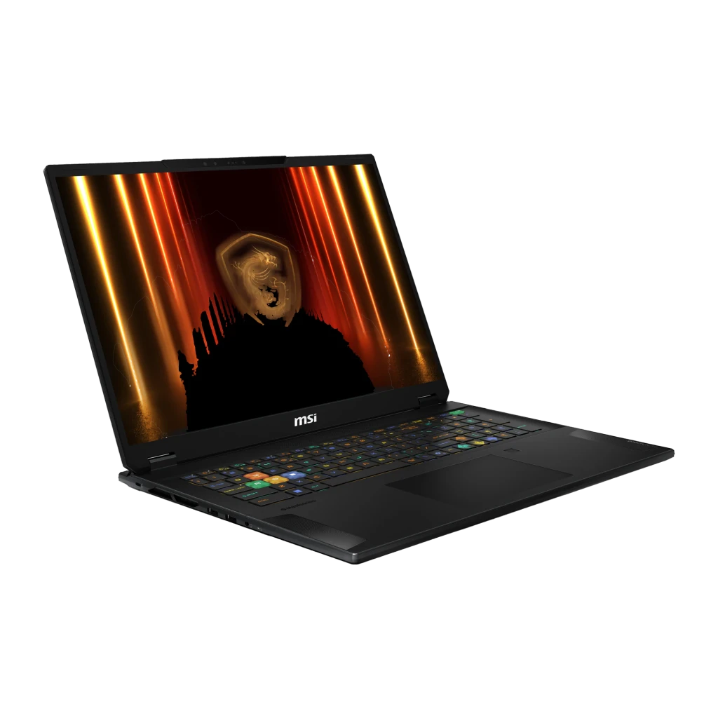 MSI Stealth 18 HX AI 2TB preto, vista frontal: ecrã com logótipo dragão dourado e teclado RGB iluminado - Item2
